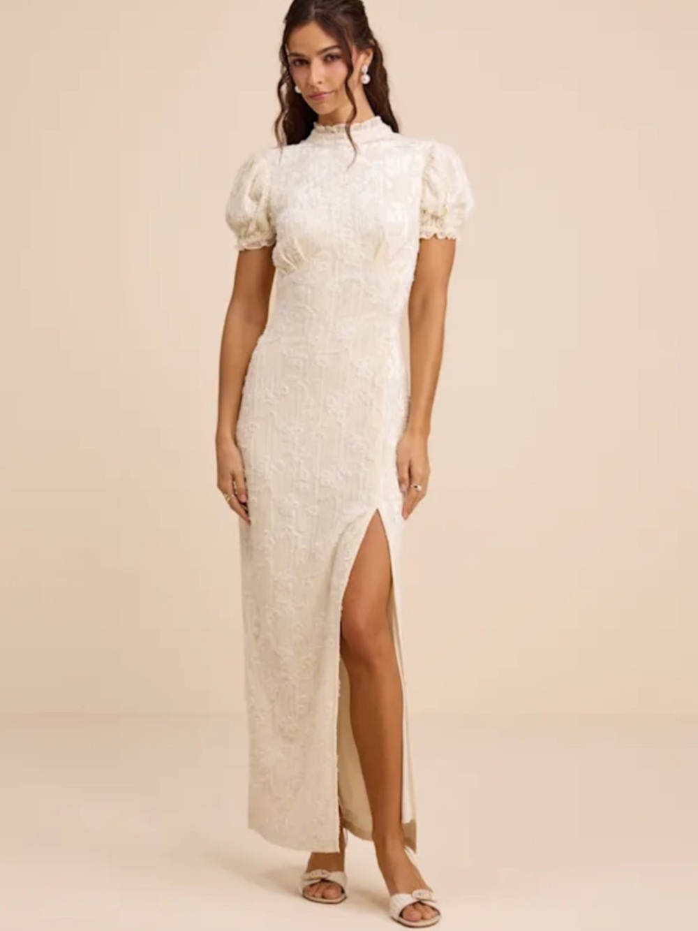 Lulus Cadison Cream Textured Puff Sleeve Column Maxi Dress